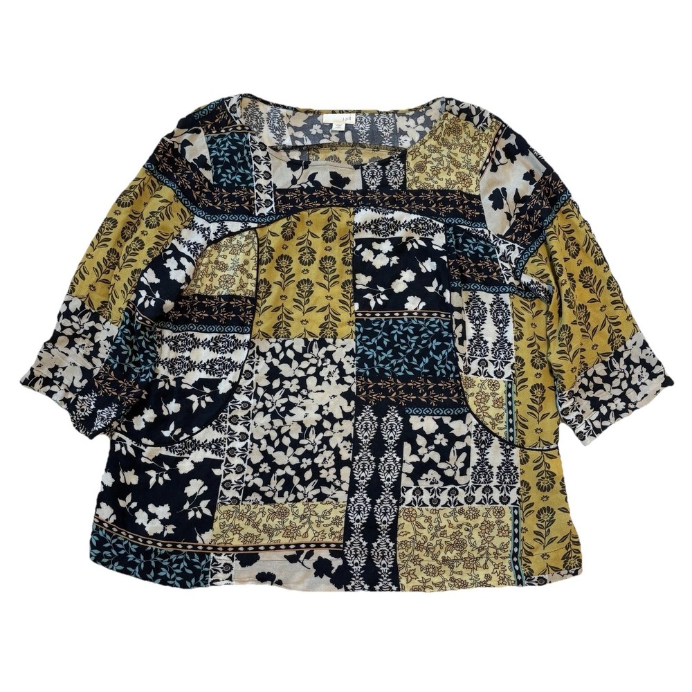 J Jill Patchwork Print Top Women's Medium Petite Multicolor Short Sleeve Blouse